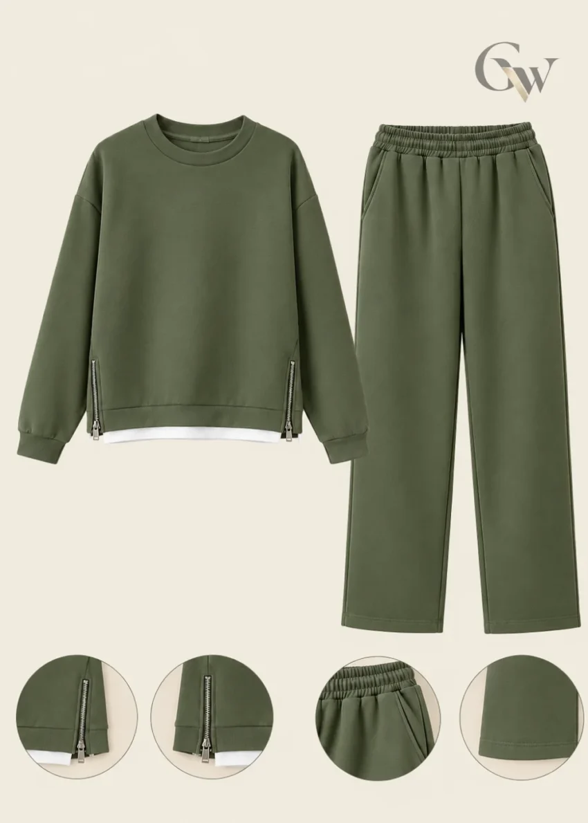 sweatshirt with metallic side zippers and matching trousers