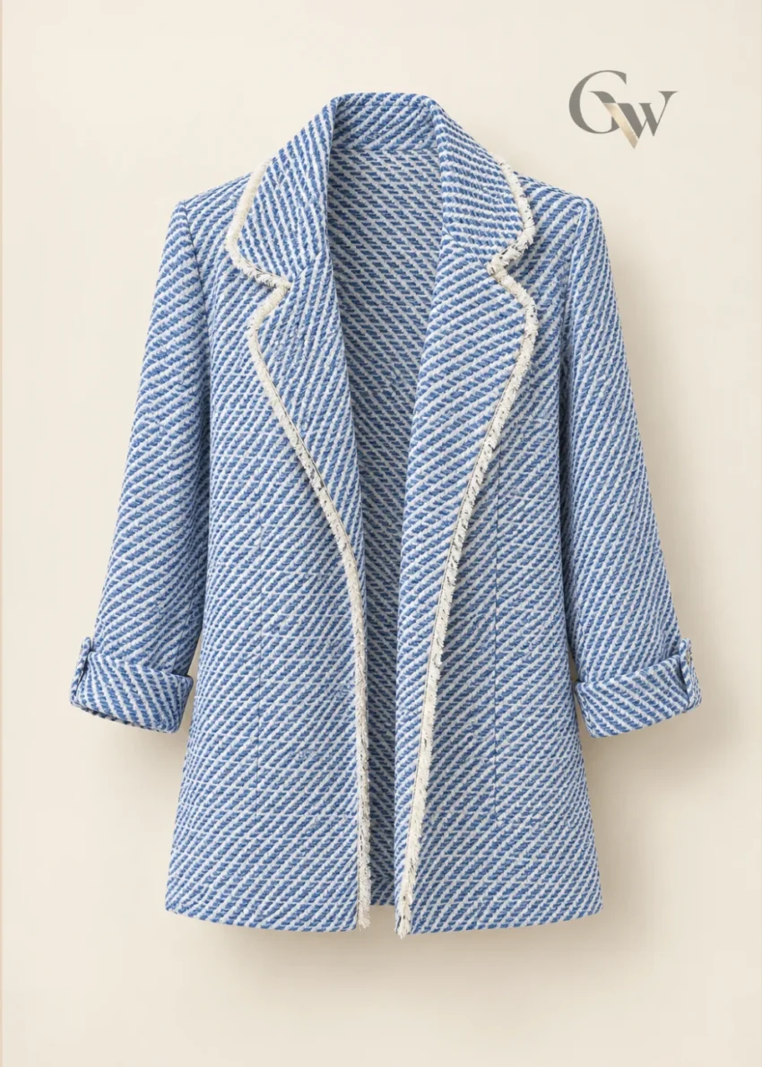 Women's blue and white patterned open-front jacket with lapel-style collar and contrasting light trim