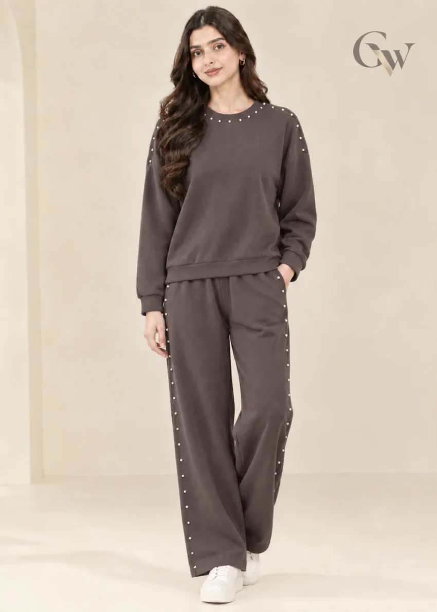 Women's co-ord set with pearl-like embellished long-sleeve top and wide-leg trousers