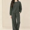 co-ord set with pearl-like embellished long-sleeve top and wide-leg trousers