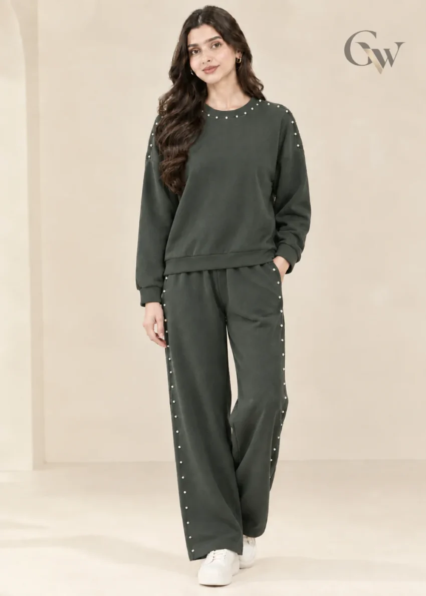 co-ord set with pearl-like embellished long-sleeve top and wide-leg trousers