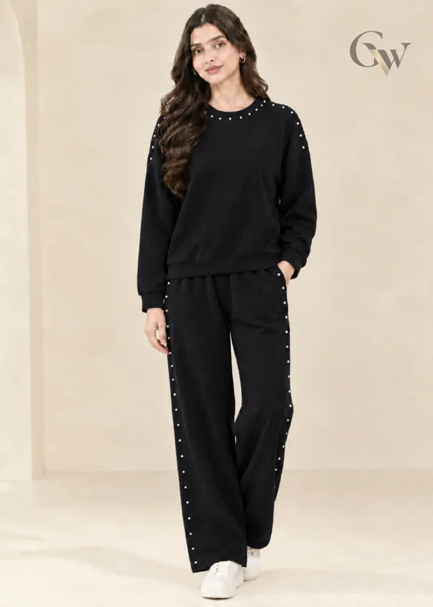 co-ord set with pearl-like embellished long-sleeve top and wide-leg trousers