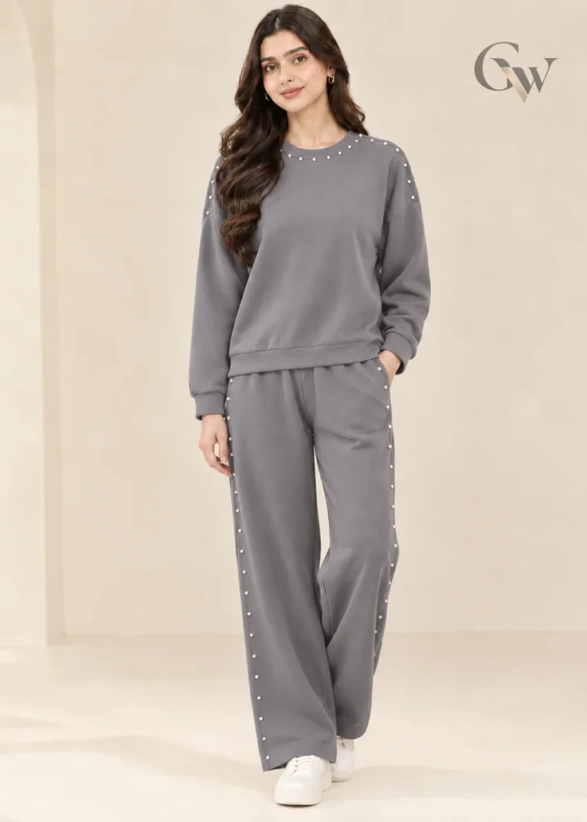 Women's grey co-ord set with pearl-like embellished long-sleeve top and wide-leg trousers