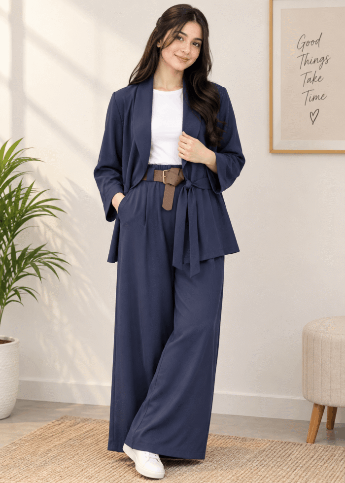 Midnight Navy Chic 2-Piece Co-Ord Set | Open-Front Blazer & Belted Wide-Leg Trousers