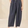 Women's blue wide leg belted trousers with high waist and side pockets
