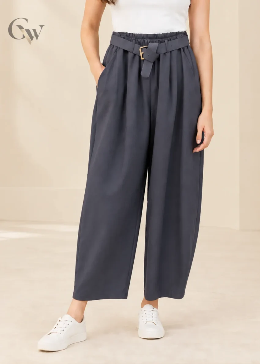 Women's blue wide leg belted trousers with high waist and side pockets