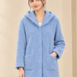 Women's textured hooded button-front coat with long sleeves and front patch pockets in light blue