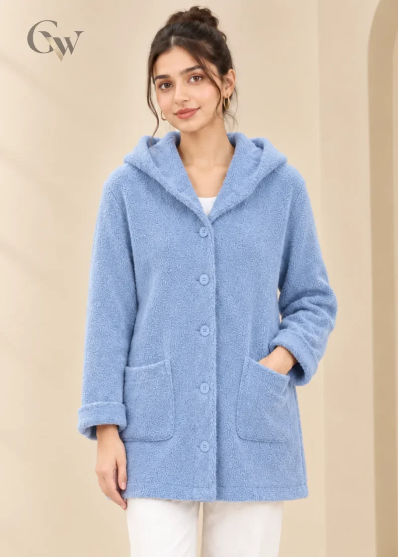Women's textured hooded button-front coat with long sleeves and front patch pockets in light blue