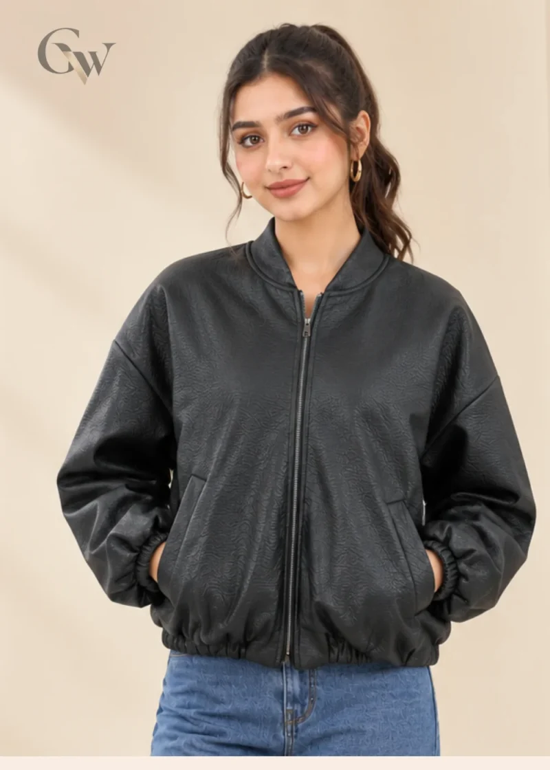 Woman wearing a black Leather bomber jacket with a front zip and stand collar