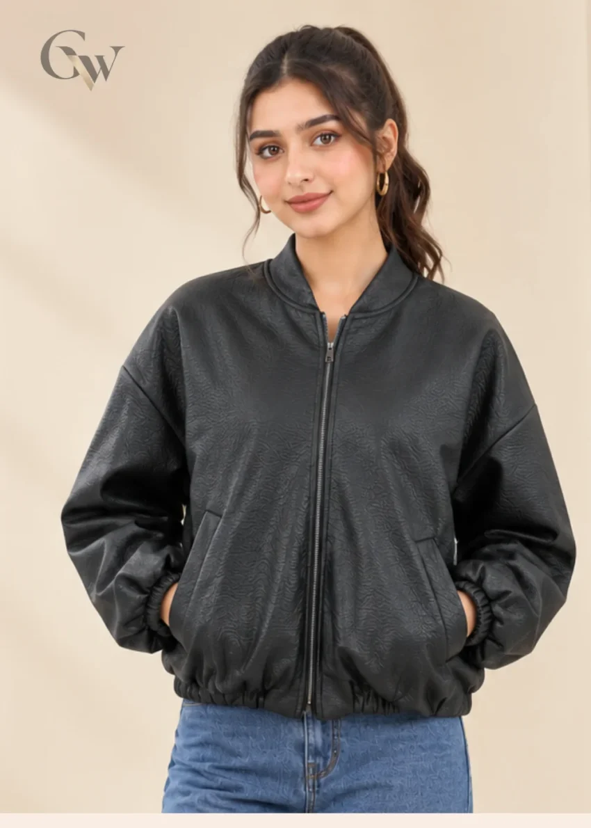 Woman wearing a black Leather bomber jacket with a front zip and stand collar