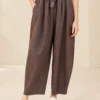 Women's brown wide leg belted trousers with high waist and side pockets