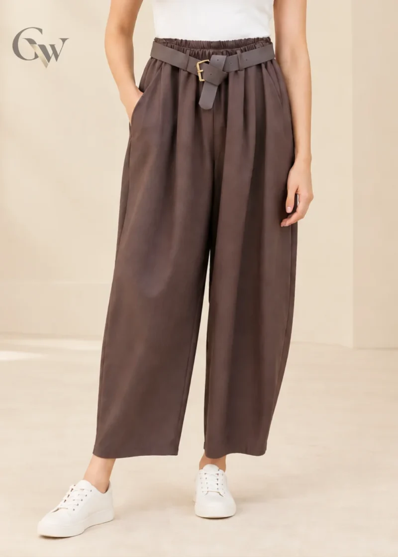 Women's brown wide leg belted trousers with high waist and side pockets