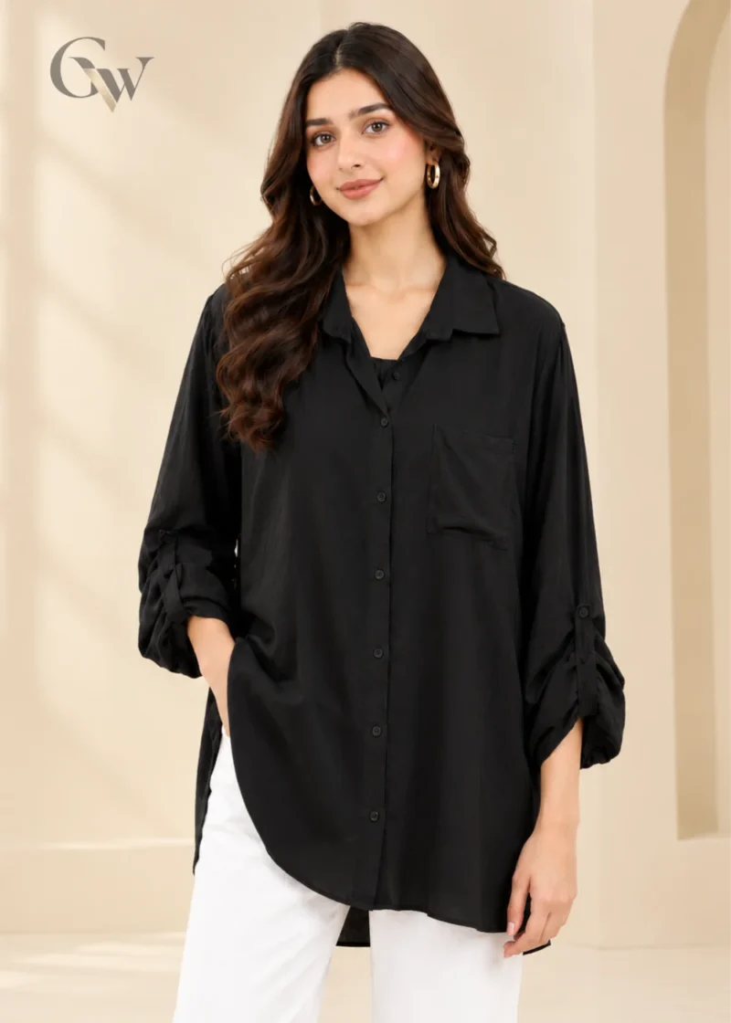 omen's black longline button-up shirt with chest pocket and adjustable sleeves